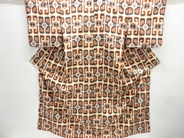 JAPANESE KIMONO / ANTIQUE OMESHI / TAISHO ROMAN STYLE / SILK / WOVEN ABSTRACT PATTERN